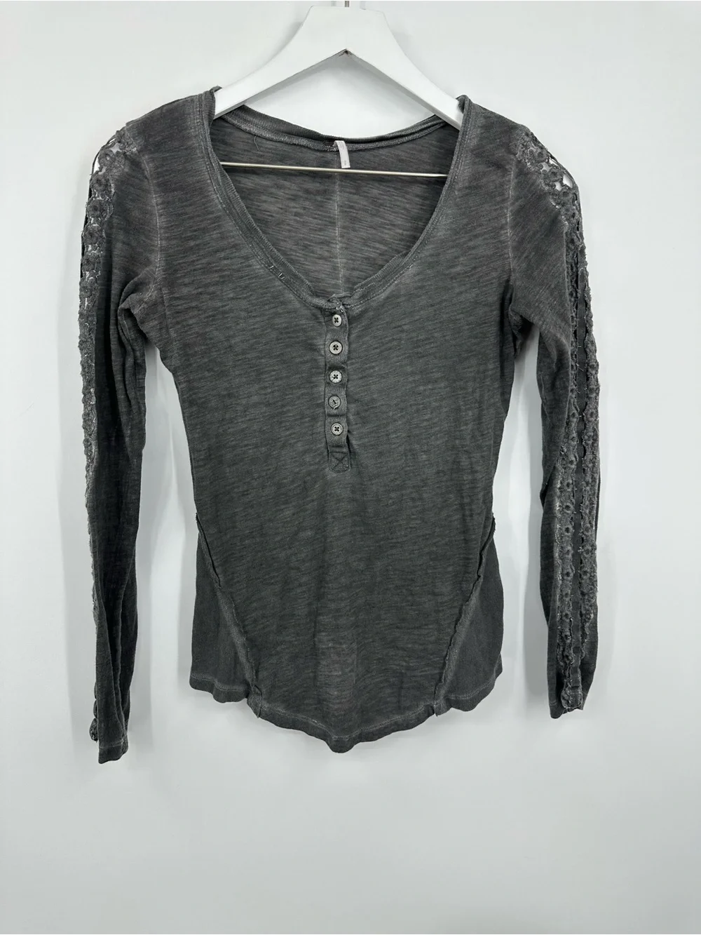 Free People Gray Henley Long Sleeve Cut Out Shirt Size Small Boho